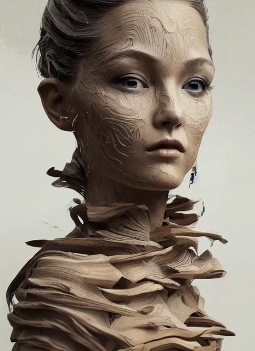 Image similar to sculpture made of wood, portrait, female, future, harper's bazaar, vogue, magazine, intricate, concept art, close up, ornate, luxury, elite, elegant, trending on artstation, by ruan jia, by Kenneth Willardt, by ross tran, by WLOP, by Andrei Riabovitchev,