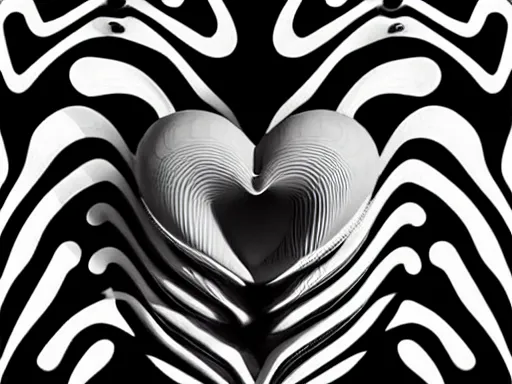 Prompt: sentient Black and white hearts in abstract form, vivid, vibrant, geometric, art nouveau, art deco, vraytracing, artstation.