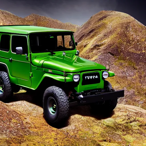 Prompt: closeup of a green Toyota Fj43 build in 1981, traveling through the mountains, black roof, with a roof rack, detailed, 8K, octane render, 8K,