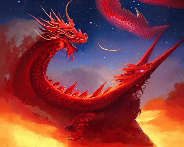 Image similar to red shivan dragon against starry night, illustration, by ( kieran yanner ) ( miranda meeks ) ( anna podedworna ) ( cristi balanescu ), digital art