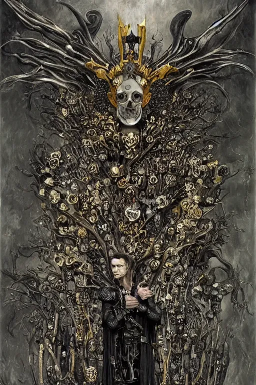 Image similar to The Knight of Bones by Karol Bak, Jean Deville, Gustav Klimt, and Vincent Van Gogh, portrait of a handsome vampire knight in armor, piercing grey eyes, ornate armor covered in thorns, bat wings, ornate dramatic bat wing helmet, mystic eye, otherworldly, skulls, fractal structures, arcane, inscribed runes, infernal relics, ornate gilded medieval icon, third eye, spirals