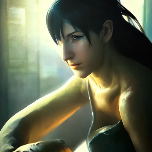 Image similar to charismatic seductive tifa lockhart portrait, atmospheric lighting, painted, intricate, volumetric lighting, beautiful, golden hour, sharp focus, ultra detailed, by leesha hannigan, ross tran, thierry doizon, kai carpenter, ignacio fernandez rios
