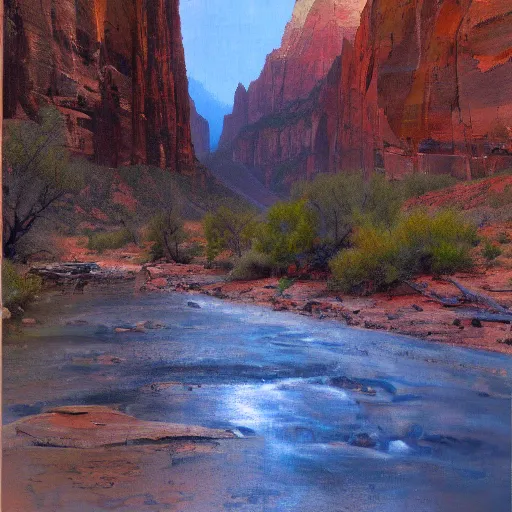 Image similar to zion national park painted by jeremy mann