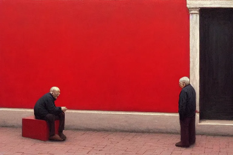 Prompt: only with red, a red old man try to sell a portrait, in a old city square, cheering crowd, in the style of beksinski, parts by edward hopper, parts by rodcenko, parts by yue minjun, intricate and epic composition, red by caravaggio, insanely quality, highly detailed, masterpiece, red light, artstation, 4 k