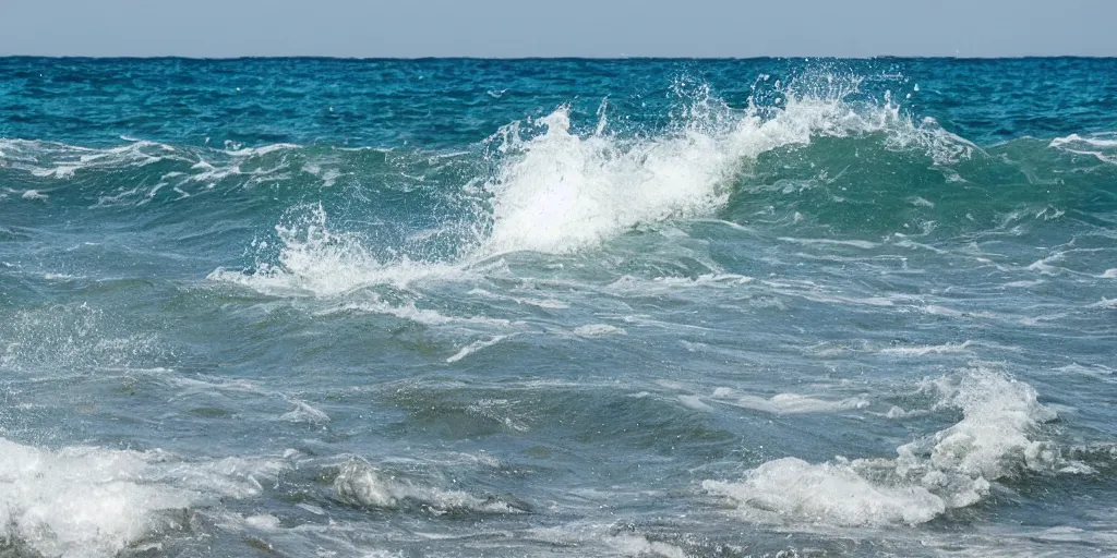 Image similar to shark fins visible through the waves from a rocky shore