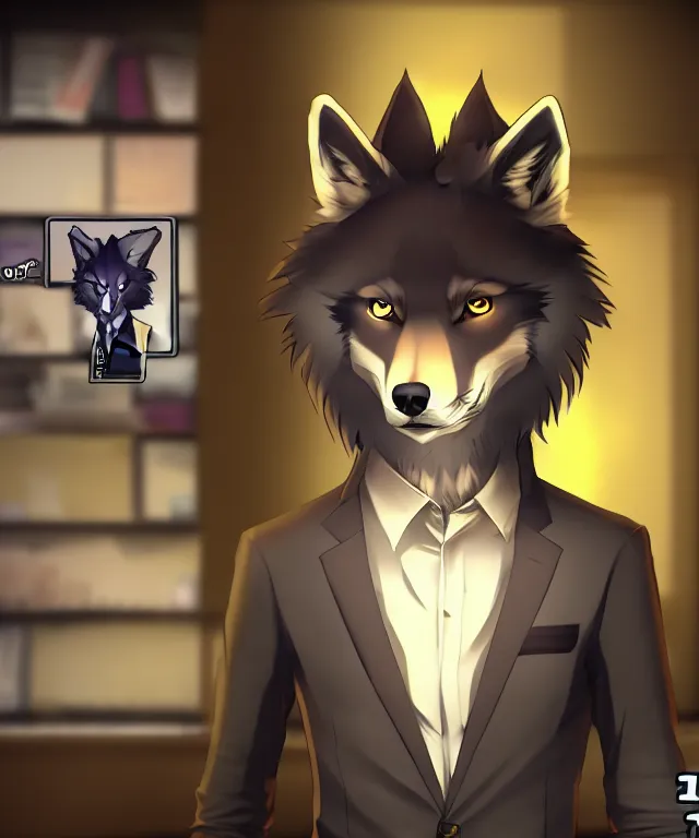 Image similar to furry - wolf - detective - fursona uhd ue 5 visual novel pc game screenshot