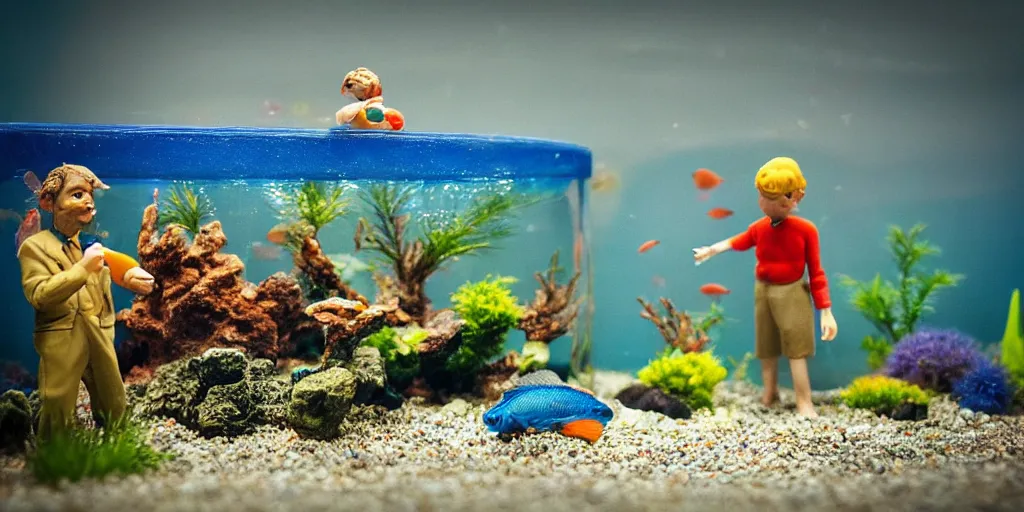 Prompt: fish tank in hospital waiting room. hands in tank. plasticine model of newt. figures clay. fish tank strange. weird. surreal. bubbles. tilt shift. tank. fighting aquatic photography. photorealistic.