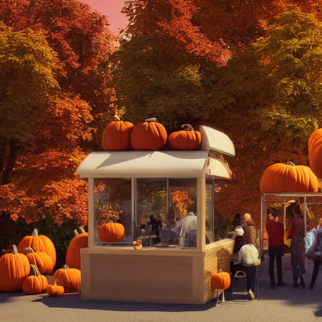 Image similar to pumpkin headed people ordering coffee at a coffee stand, red maple trees with fall foliage, volumetric, realistic, cinematic lighting, ray tracing, unreal engine 5, octane render, hyper realistic, photo, 8 k