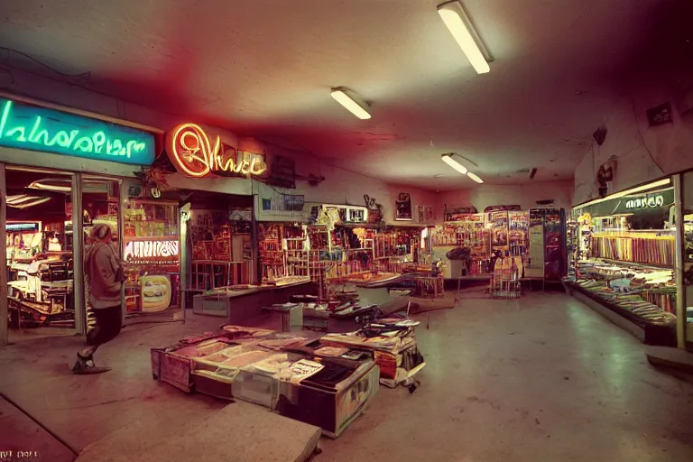 Prompt: Velociraptor shopping, inside of a 1970s music store store, neon lights, dirty, ektachrome photograph, volumetric lighting, f8 aperture, cinematic Eastman 5384 film