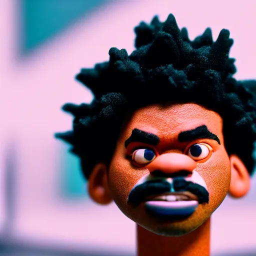 Image similar to a cinematic film still of a claymation stop motion film starring chance the rapper as a college student, shallow depth of field, 8 0 mm, f 1. 8