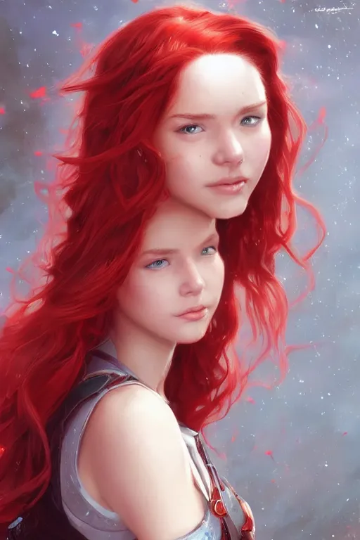 Image similar to beautiful cute red haired joyful and playful 1 9 year old girl, long hair, sci - fi, fantasy, intricate, elegant, digital painting, artstation, concept art, smooth, 8 k frostbite 3 engine, ultra detailed, art by artgerm and greg rutkowski and magali villeneuve