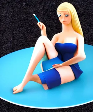 Prompt: blonde women in blue tight short dress sitting on big cake, photorealistic image