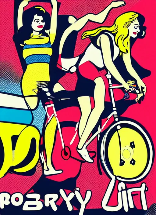 Image similar to Party poster illustration: Moustache, 40th birthday, 70s disco, jumpsuits, bicycle, Egypt in the style of Roy Lichtenstein