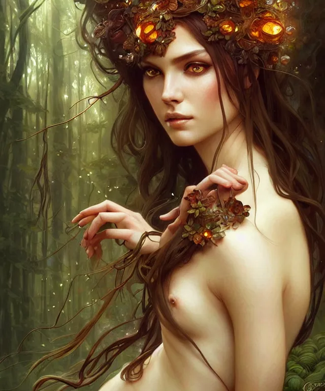 Image similar to Forest nymph woman portrait, amber eyes, face, long hair, fantasy, intricate, elegant, highly detailed, digital painting, artstation, concept art, smooth, sharp focus, illustration, art by artgerm and greg rutkowski and alphonse mucha