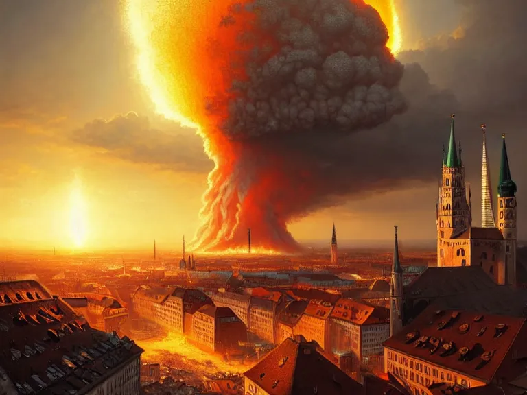 Image similar to , city of munich!!!, nuclear explosion!!!, rubble, hyperrealistic, highly detailed, cinematic, single ray of golden sunlight, beautiful, cgssociety, artstation, 8 k, oil painting by greg rutkowski, by artgerm, by wlop