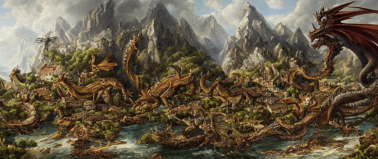 Image similar to stunning detailed artwork of a dragon attacking a village by eugene von guerard
