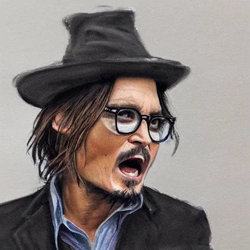 Image similar to full - body shot johnny depp screaming cheerfully in court as he wins defamation case, 4 k, photorealistic photography