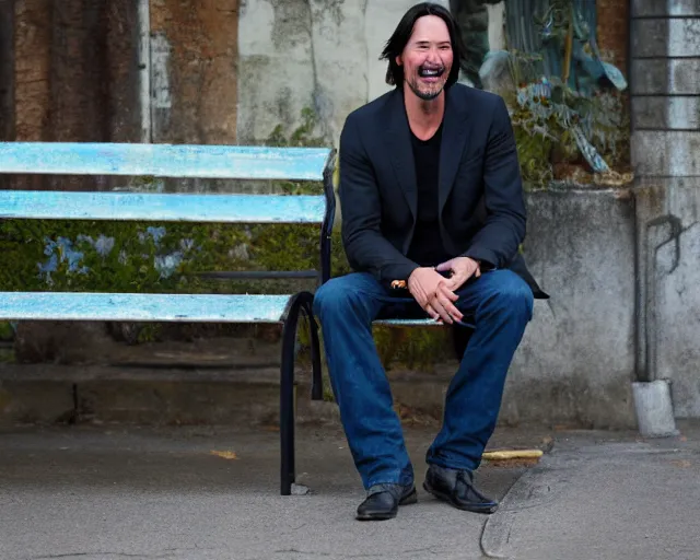 Image similar to 5 5 mm photo of happy keanu reeves in blue jeans and black jacket sitting on a bench in the street. dof. lifelike. ultra detailed. intricate. soft light. nikon d 8 5 0.