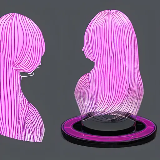 Prompt: of a 2 d girl with a holographic glass face, 3 d pink hair