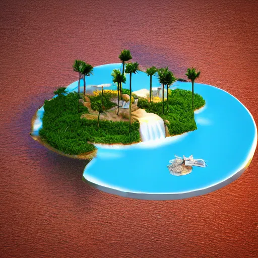 Image similar to a floating island on an aquatic environment isometric art, south america landscape, low poly art, game art, artstation, 3D render, high detail, cgsociety, octane render