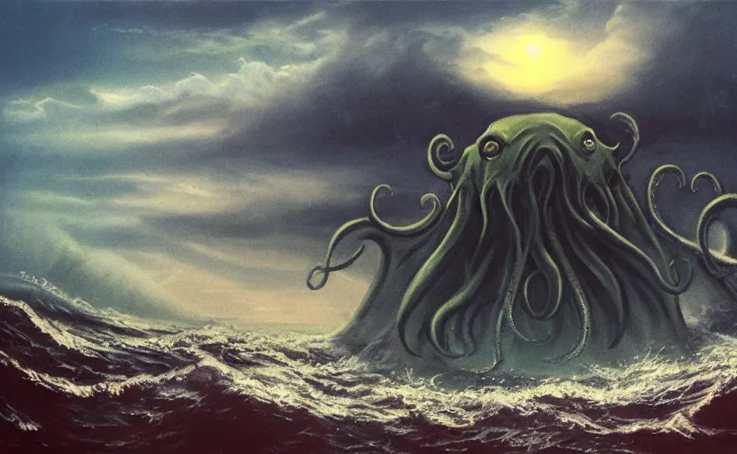 Image similar to cthulhu in the ocean looking up. matte painting. full color.