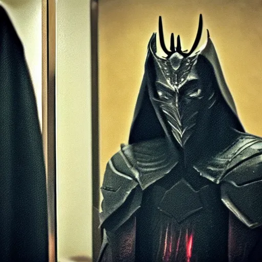 Image similar to candid Pic of Sauron the dark lord while pooping in the bathroom of a McDonalds restaurant