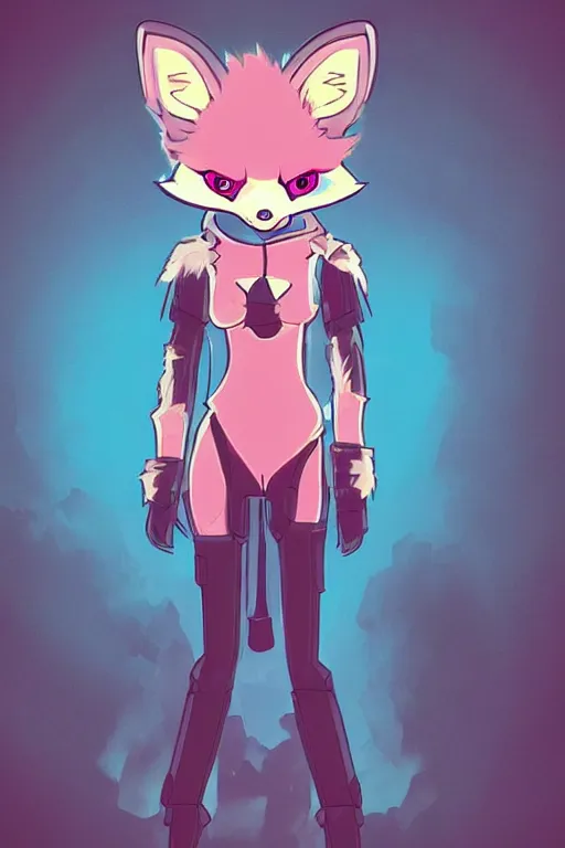 Image similar to a cute cyberpunk anthropomorphic fox with pink fur and blue eyes and a fluffy tail, comic art, trending on furaffinity, cartoon, kawaii, backlighting, furry art!!!, cel shading, concept art, lineless