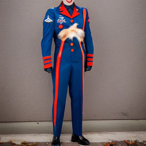 Image similar to a Fox dressed in a modern American military jet pilot uniform, 85mm f/1.4