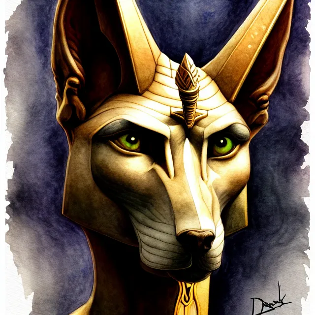 Prompt: portrait, stunningly handsome god Anubis, super fine digital watercolour and pastels, extremely high detail, digital pen and digital ink, intricate illustration, by Dorian Cleavanger, Jim Burns, Frank Frazetta, Wendy Froud, artstation, WLOP, deviantart, Pixiv