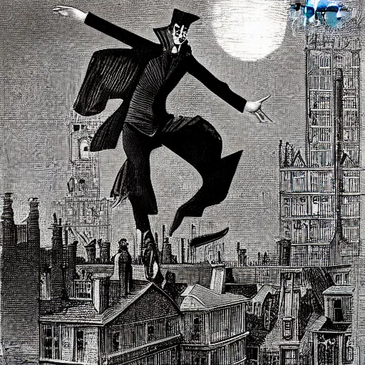 Image similar to spring-heeled jack, aristocrat devil jumping over the roofs of victorian london, by max ernst