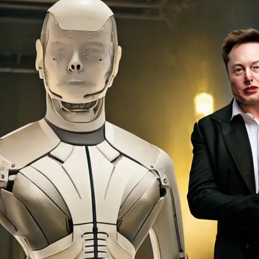 Image similar to Elon Musk standing over Delores from Westworld being created