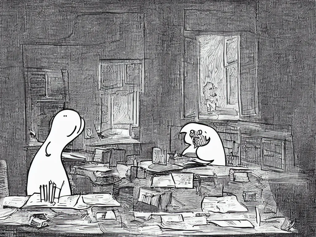 Prompt: cartoon illustration of a ghost writing a book at a desk, by Jim Davis