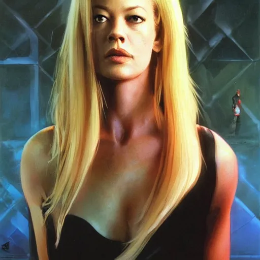 Prompt: Portrait of a 25 year old Jeri Ryan as the heroine of a 1990s sci-fi movie poster art by Ruan Jia and Mandy Jurgens and Artgerm and william-adolphe bouguerea, highly detailed, trending on artstation, award winning,