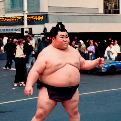 Image similar to 1 9 8 0 s sumo wrestler street performer