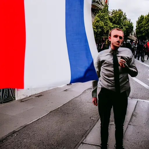 Image similar to a guy who looks like emmanuel macron is pissing on the a french flag in the street, 5 0 mm lens, street photography