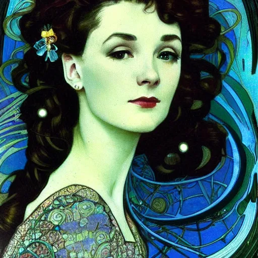 Prompt: vivien leigh with a spiraling nebula for hair beautiful detailed romantic art nouveau face portrait by alphonse mucha and gustav klimt, hauntingly beautiful refined moody dreamscape