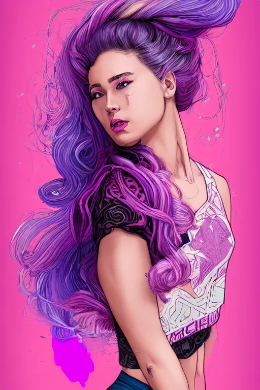 Image similar to a award winning half body porttrait of a beautiful woman in a croptop with ombre purple pink teal hairstyle with head in motion and hair flying by marvel comics and sandra chevelier, outrun, vaporware, illustration, digital art, trending on artstation, highly detailed, fine detail, intricate