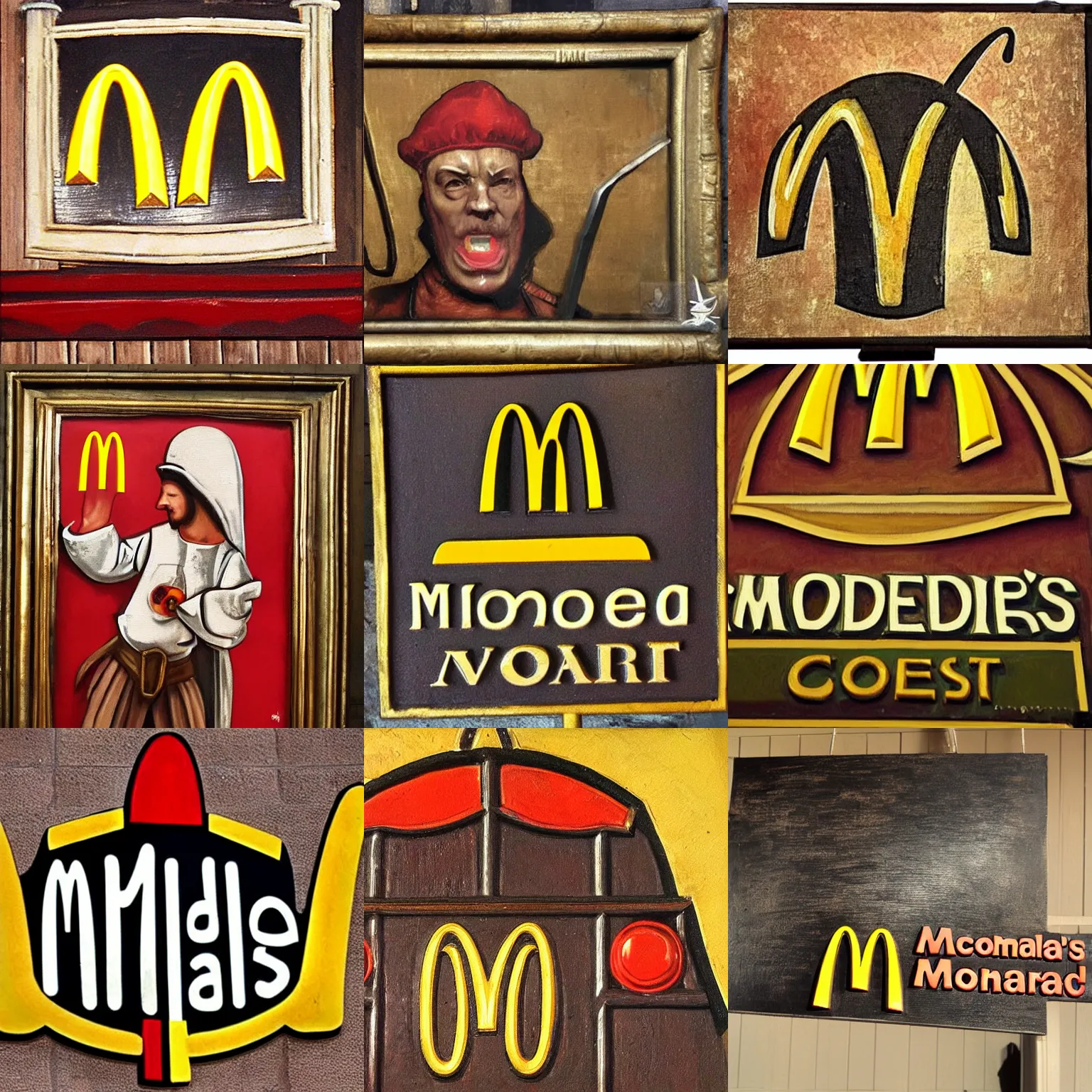 Prompt: McDonalds logo in medieval times style hanging on a tavern sign, oil painting, highly detailed, Theodore Gericault style, award winning, detailed