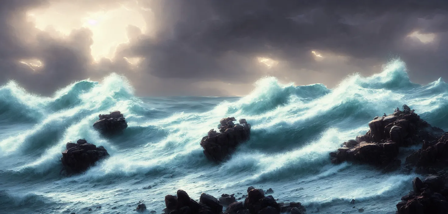 Prompt: storm at sea, waves hitting the shore and rocks, detailed, concept art, low angle, high detail, warm lighting, volumetric, godrays, vivid, beautiful, trending on artstation, by jordan grimmer, huge scene, grass, art greg rutkowski