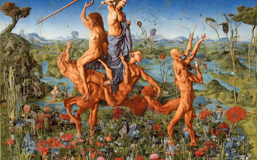 Image similar to a portrait photograph of a meditating satyr and a centaur monk riding a rocket machine and hunting at a river delta. surrounded by bulbous flowers and trees. mountain range under a blue sky of fiery stars. by jan van eyck, max ernst, ernst haeckel, ernst fuchs and artgerm, cgsociety, fashion editorial, 8 k