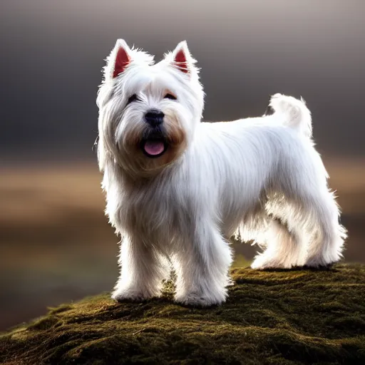 Prompt: the most beautiful west highland terrier, dramatic, depth of field, mist, particles