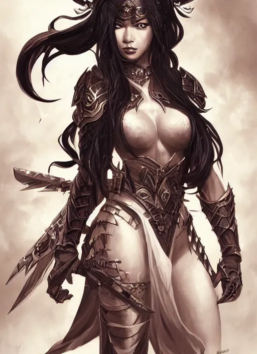 Image similar to beautiful warrior lady, black long hair, practical armor, brown skin, demonic eyes, low fantasy, extremely detailed, sharp focus, smooth, digital illustration, by rossdraws, frank franzzeta, sakimichan