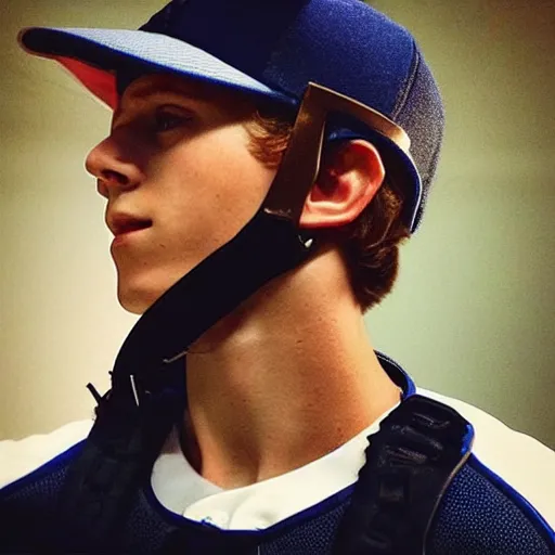 Prompt: “a realistic photo of a guy who is an attractive baseball player man who is part cyborg and part humanoid, who is a robot, Tom Holland, close up detailed”