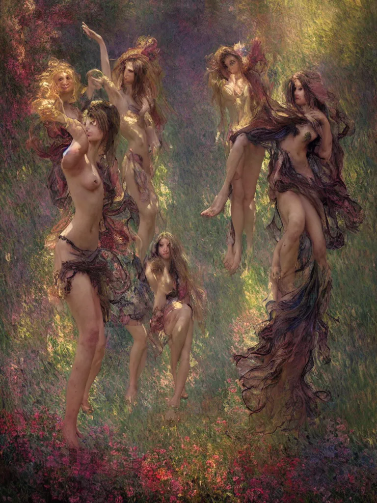 Image similar to illustration studio portrait of three dark beautiful seraphim female energy dancing in artistic poses in a coven at the forest, a big firepit emerges, monet painterly motives and textures pattern, hyper detailed, octane render, vivid colors, artstation, by jeremy mann, by alphonse mucha, by monet