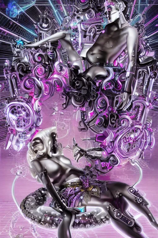 Image similar to full-body rococo and cyberpunk style neon statue of a young attractive portugues macho dotado e rico android sim roupa reclining con piroca dura, glowing white laser eyes, prince crown of pink gears, diamonds, swirling silver-colored silk fabric. futuristic elements. full-length view. space robots. human skulls. intricate artwork by caravaggio. Trending on artstation, octane render, cinematic lighting from the right, hyper realism, octane render, 8k, depth of field, 3D