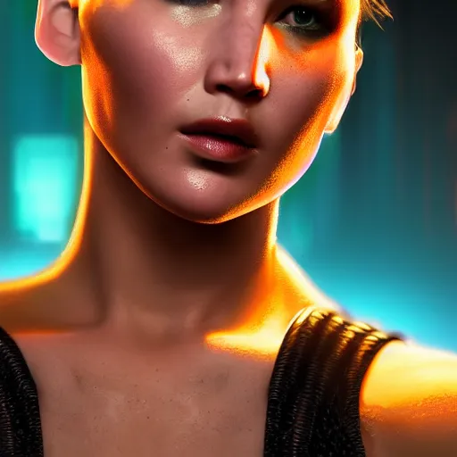 Image similar to jennifer lawrence portrait, cyberpunk 2 0 7 7, cyberpunk judy alvarez, photorealistic, ultra detailed, neon, octane, bokeh, cinematic lighting, cyber, cyberpunk city, studio quality, feature, scars, cyberface, 8 k