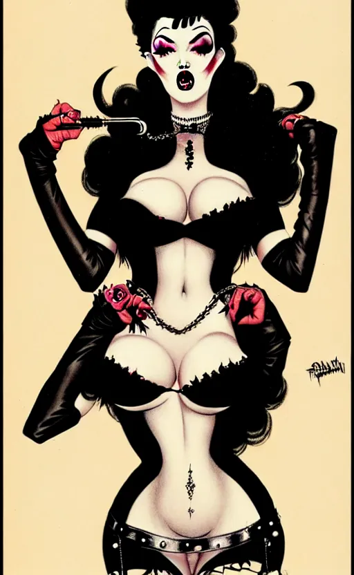 Image similar to goth girl with a detailed face and black hair, burlesque psychobilly, rockabilly, punk, white background, drawing, illustration by frank frazetta