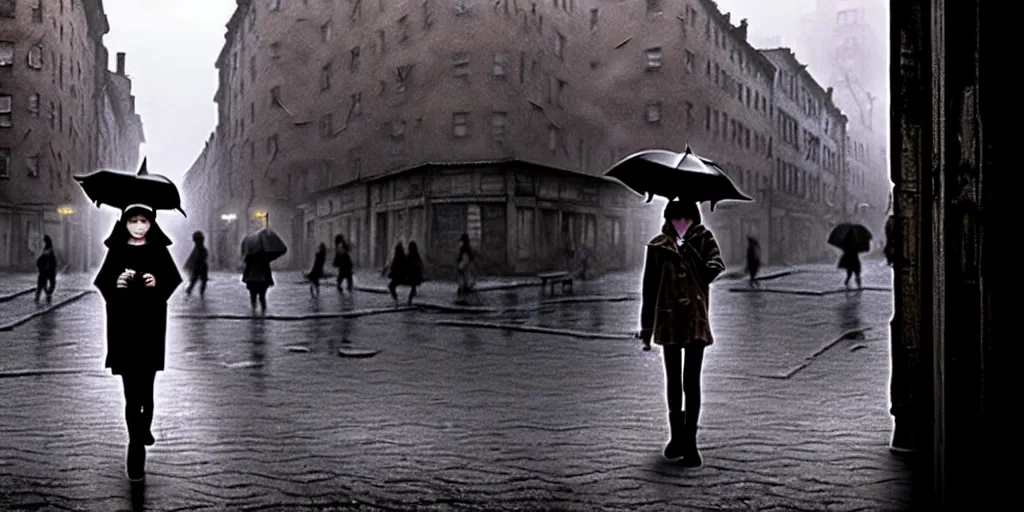 Prompt: medium shot | sadie sink in hoodie | lonely market stall selling umbrellas | in ruined square, pedestrians on both sides | steampunk tenement windows in background : 3 5 mm film, anamorphic, from schindler's list by steven spielberg. cyberpunk, cinematic atmosphere, detailed and intricate, perfect anatomy