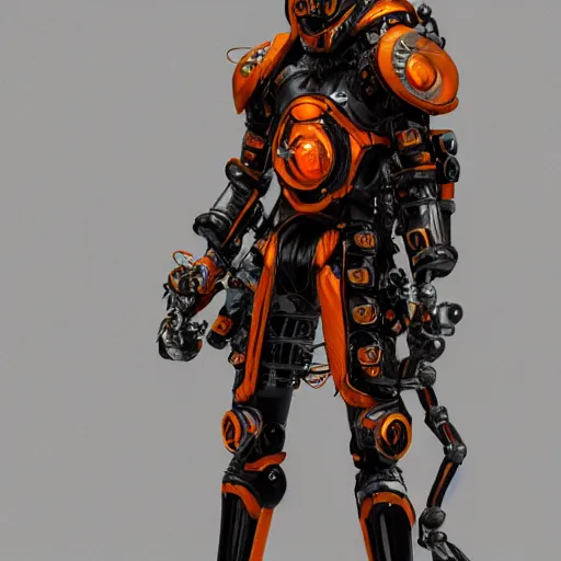 Prompt: a manga character in a futuristic room, black and orange steampunk armor, highly detailed, render, vray, octane, realistic lighting, by nihei tsutomu