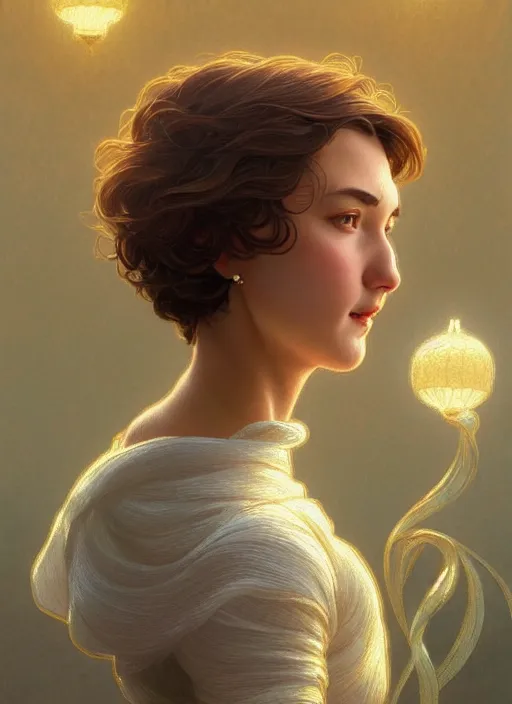 Image similar to full body portrait of a woman with short wavy hair, round face, cottagecore!!, lake water, intricate, enlightenment, highly detailed, digital painting, artstation, concept art, smooth, sharp focus, illustration, art by artgerm and greg rutkowski and alphonse mucha